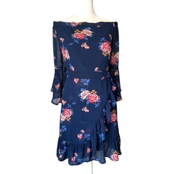 Xhilaration Floral Off-The-Shoulder Ruffle Navy Blue & Pink Dress Size Medium - Picture 8 of 12